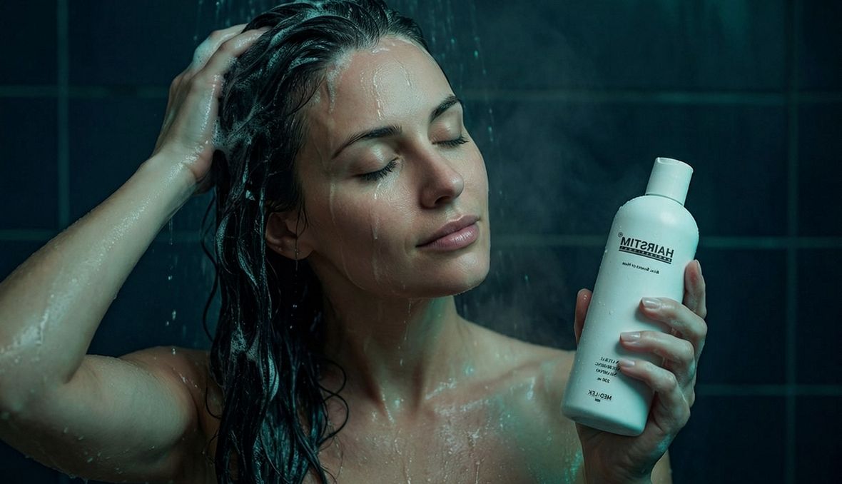 Žena aplikující vlasové sérum HAIRSTIM do pokožky hlavy